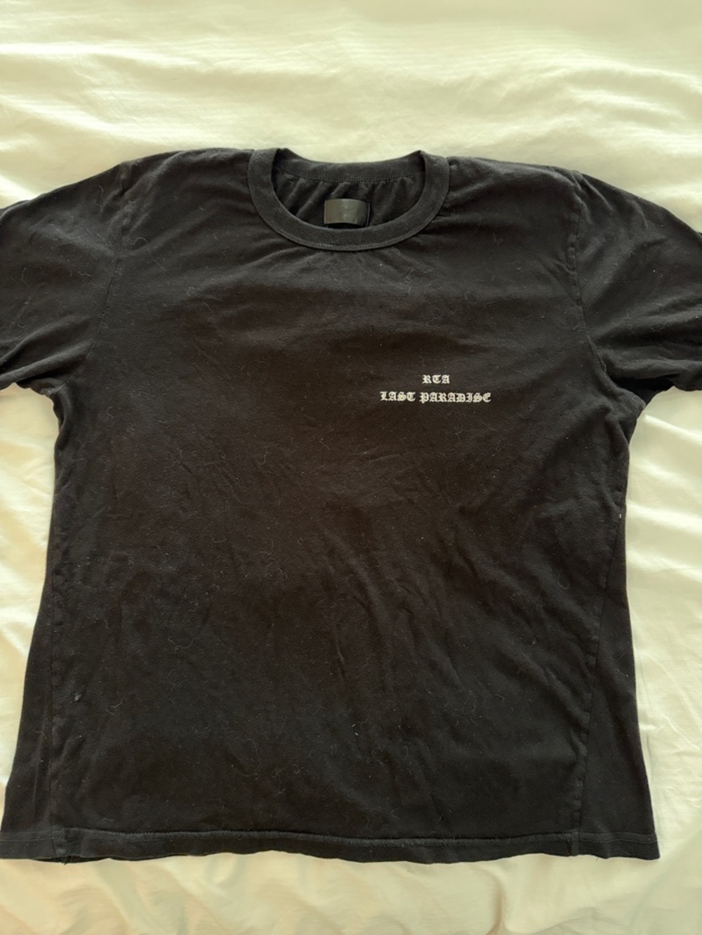 RtA Black Short Sleeve Tee with White Chest Text With Palm Trees on back XL